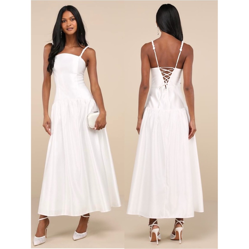 LULUS Satin Lace Up Back Corset Square Neck Drop Waist Princesscore Dress Large